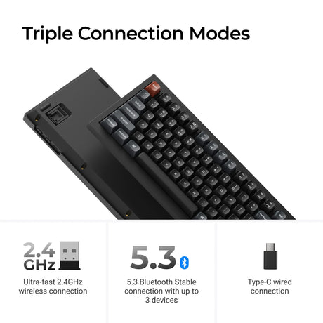 Keychron v1 ultra 8k wireless custom mechanical keyboard (zwart, us lay-out (qwerty), silk pom banana, 75%, rgb, hot swap, 2.4 ghz | bluetooth 5.3 | usb-c)