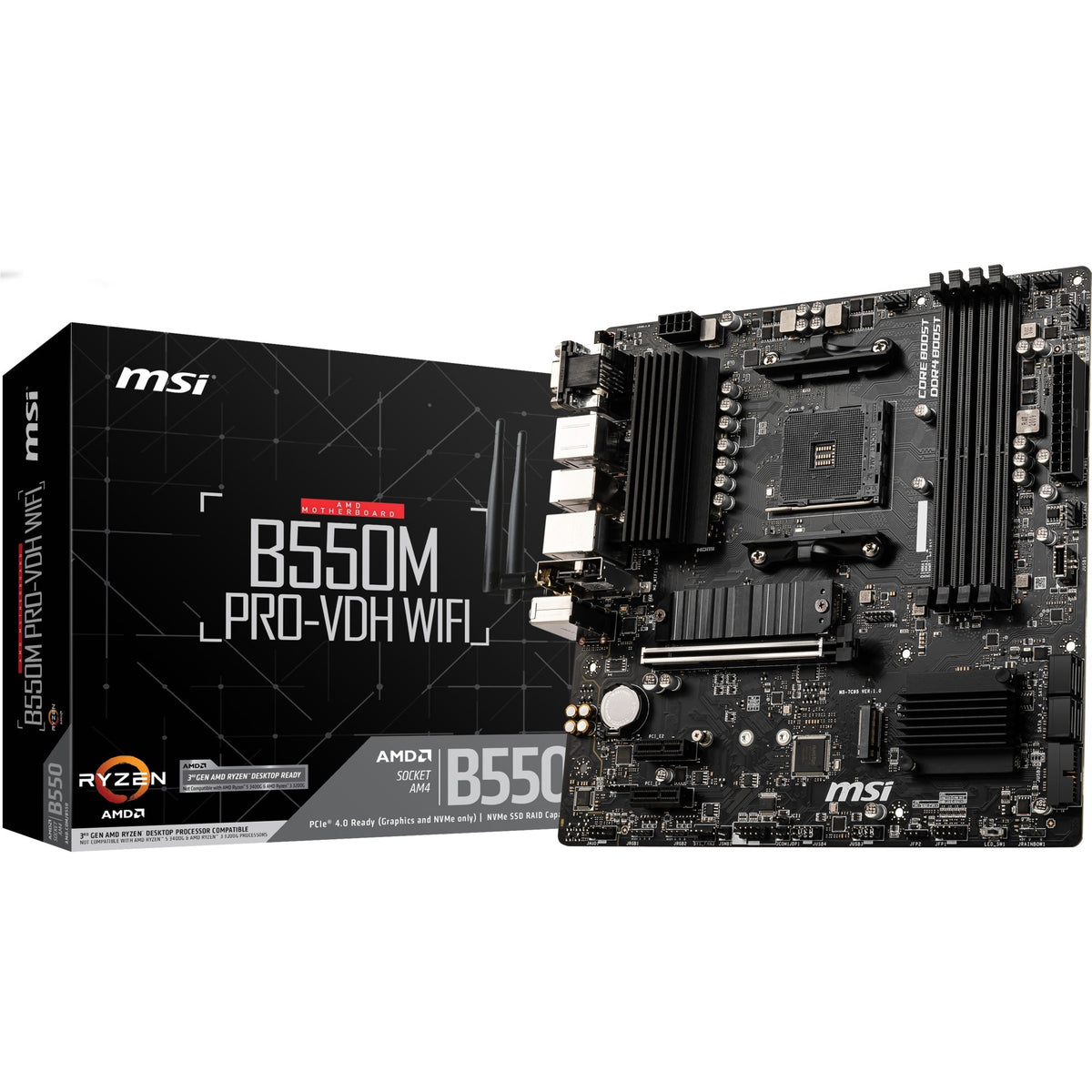 Msi b550m pro-vdh wifi socket am4 moederbord (zwart, raid, gb-lan, wi-fi 5, bt, sound, µatx)