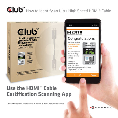 Club 3d gecertificeerde actieve optische ultra high speed hdmi 2.1 kabel (zwart, 10 meter, 8k)