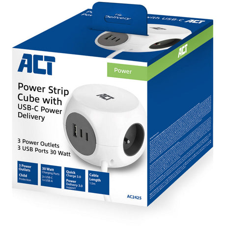 Act connectivity act stekkerdoos kubus met 3 stopcontacten, 30w power delivery usb-c a poorten, kabellengte 1,5m ac2425