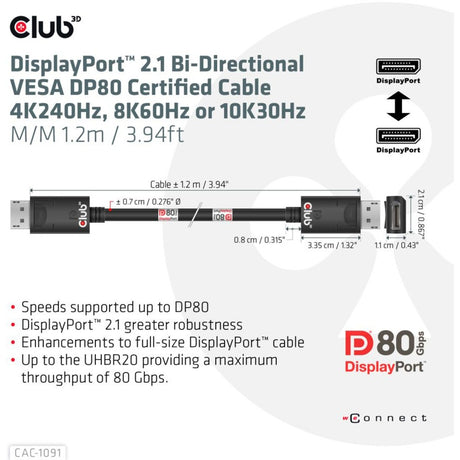 Club 3d gecertificeerde displayport 2.1 kabel (zwart, 1,2 meter, 8k)