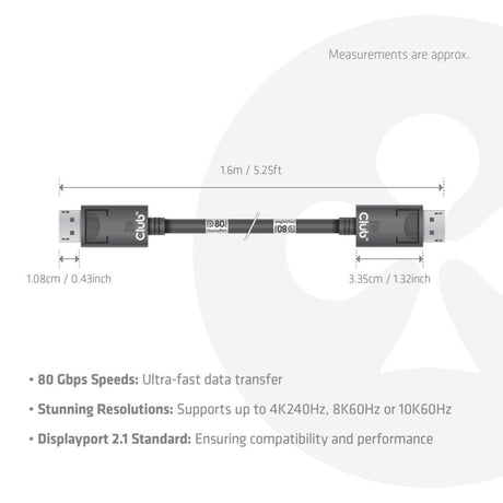 Club 3d gecertificeerde displayport 2.1 kabel (zwart, 1,6 meter, 10k)