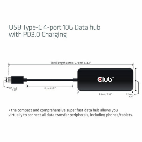 Club 3d usb-c 4-poorts 10g-datahub met pd3.0 usb-hub (zwart)