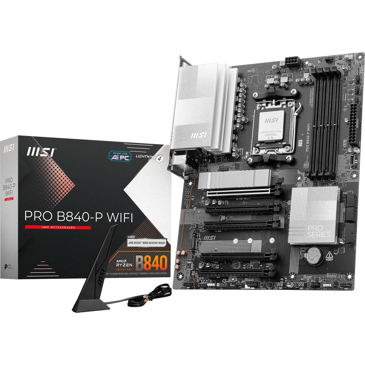 Msi pro b840-p wifi socket am5 moederbord (zwart zilver, raid, 2.5 gb-lan, wi-fi 7, bt, sound, atx)