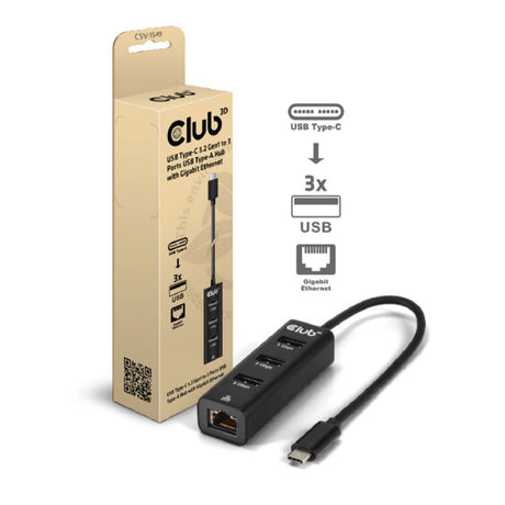 Club 3d usb‑c 3.2 gen 1 naar 3x usb‑a + ethernet dockingstation (zwart)