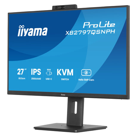 Iiyama prolite xb2797qsnph-b1 27 monitor (zwart, 1x displayport, 1x hdmi, 3x usb-c, 2x usb-a, 1x rj-45, webcam)