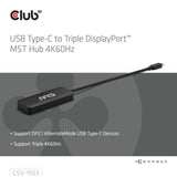 Club 3d usb-c naar triple displayport mst hub (zwart, 4k60hz)