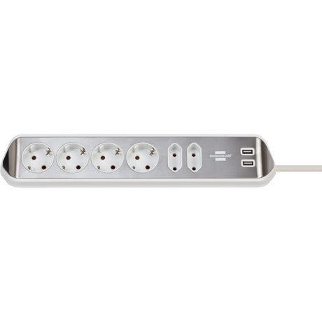 Brennenstuhl ®estilo hoekaansluitdoosstrook met usb laadfunctie 6-weg 4x beschermende contactdozen 2x euro zilver wit