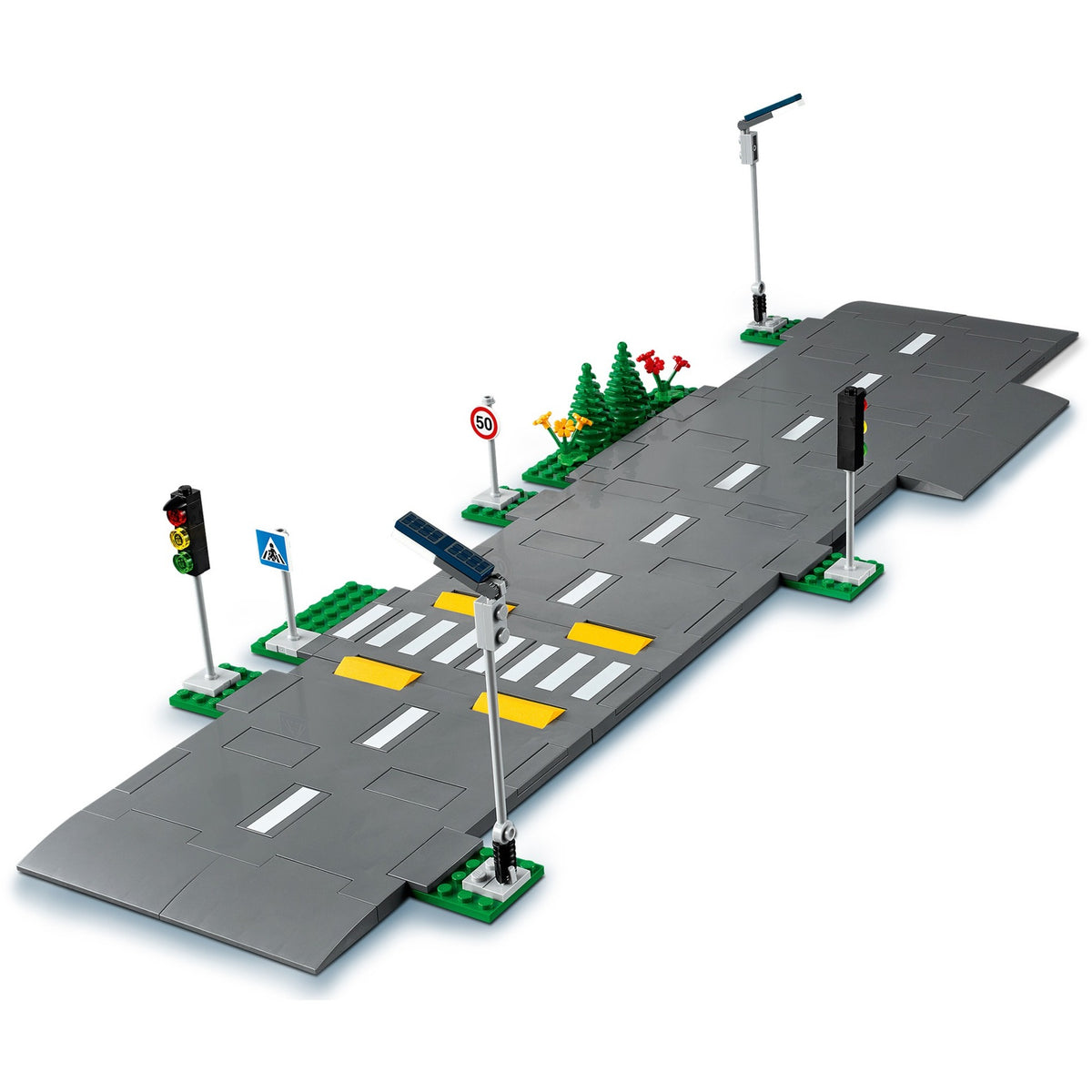 Lego ® city wegplaten 60304 bouwset; bouwbare speelgoedweg; maak de wegplaten vast aan je stad om deze uit te breiden; met lantaarnpalen, stoplichten, verkeersborden, bomen en planten, verkeersdrempels en een zebrapad (112 onderdelen)