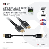 Club 3d ultra high speed hdmi 2.1 gecertificeerde kabel male-male (zwart, 2 meter, 4k 120hz, 8k 60hz, 48gbps)