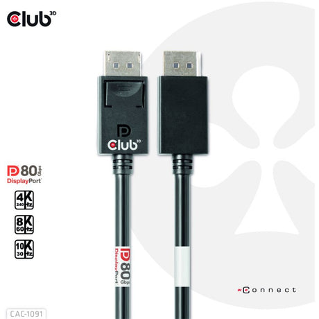 Club 3d gecertificeerde displayport 2.1 kabel (zwart, 1,2 meter, 8k)