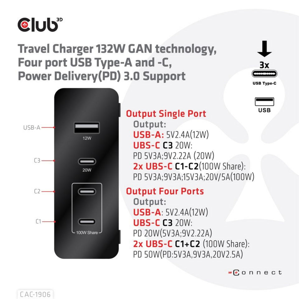 Club 3d travel charger 132w gan technology (zwart, usb-a, usb-c, power delivery (pd) 3.0)