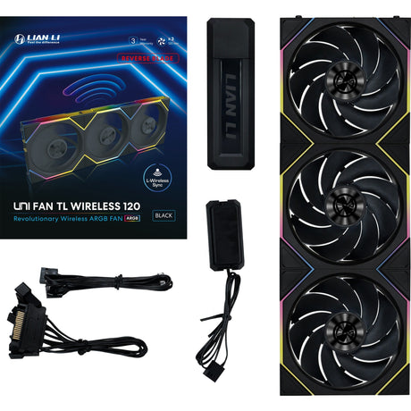 Lian li uni fan tl 120 wireless reverse blade rgb case fans (zwart, 3 stuks, 120 x 124 x 28 mm, pwm, incl. controller)