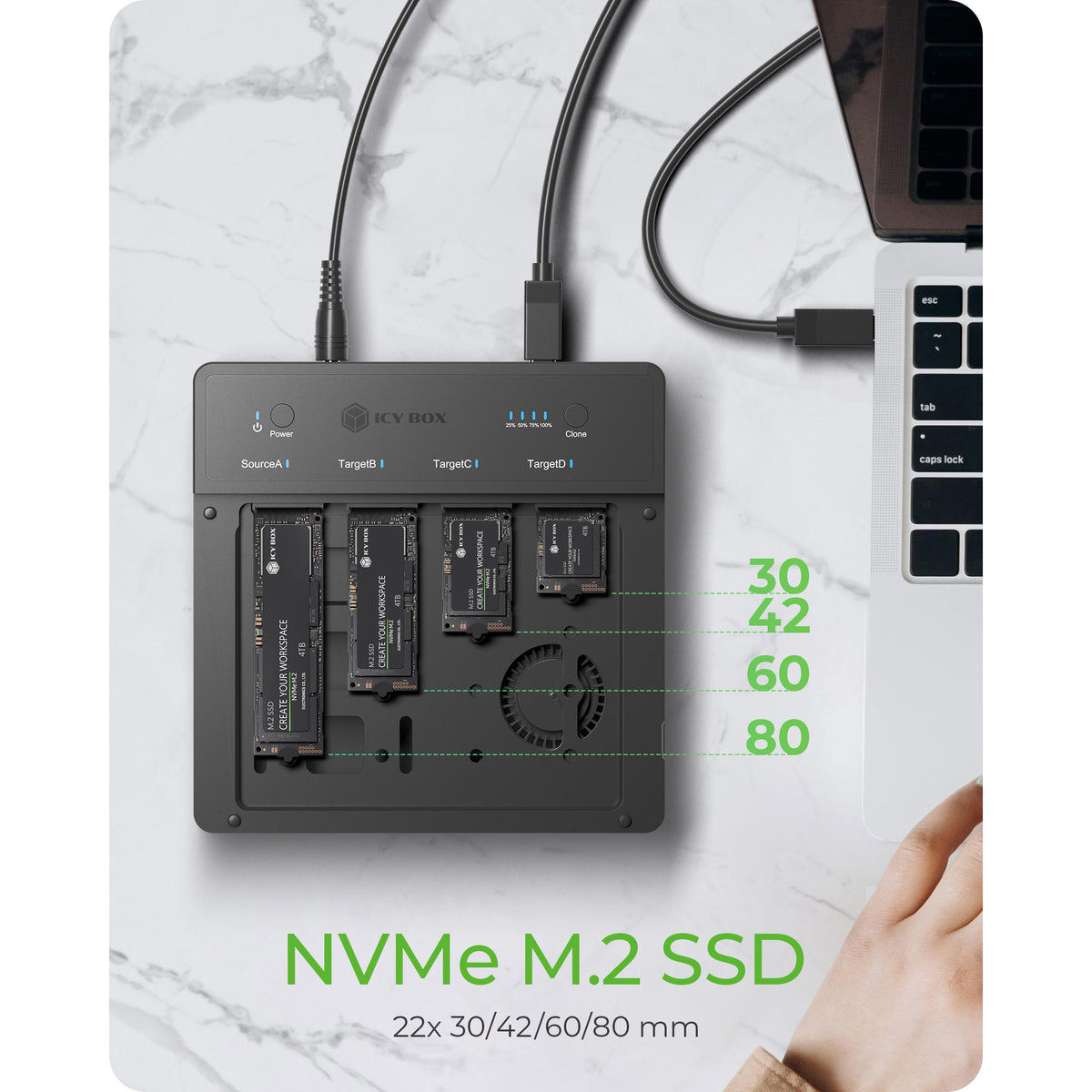 Icy box ib-4013mcl-c4 4-bays usb4 duplicator (1:3 klonen) dockingstation (zwart)