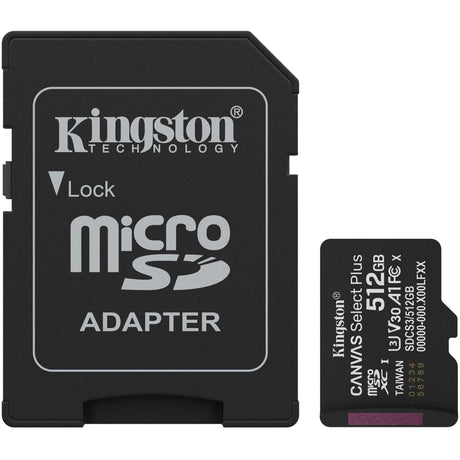 Kingston canvas select plus 512 gb microsdxc geheugenkaart (zwart, uhs-i u3, class 10, v30, incl. sd adapter)