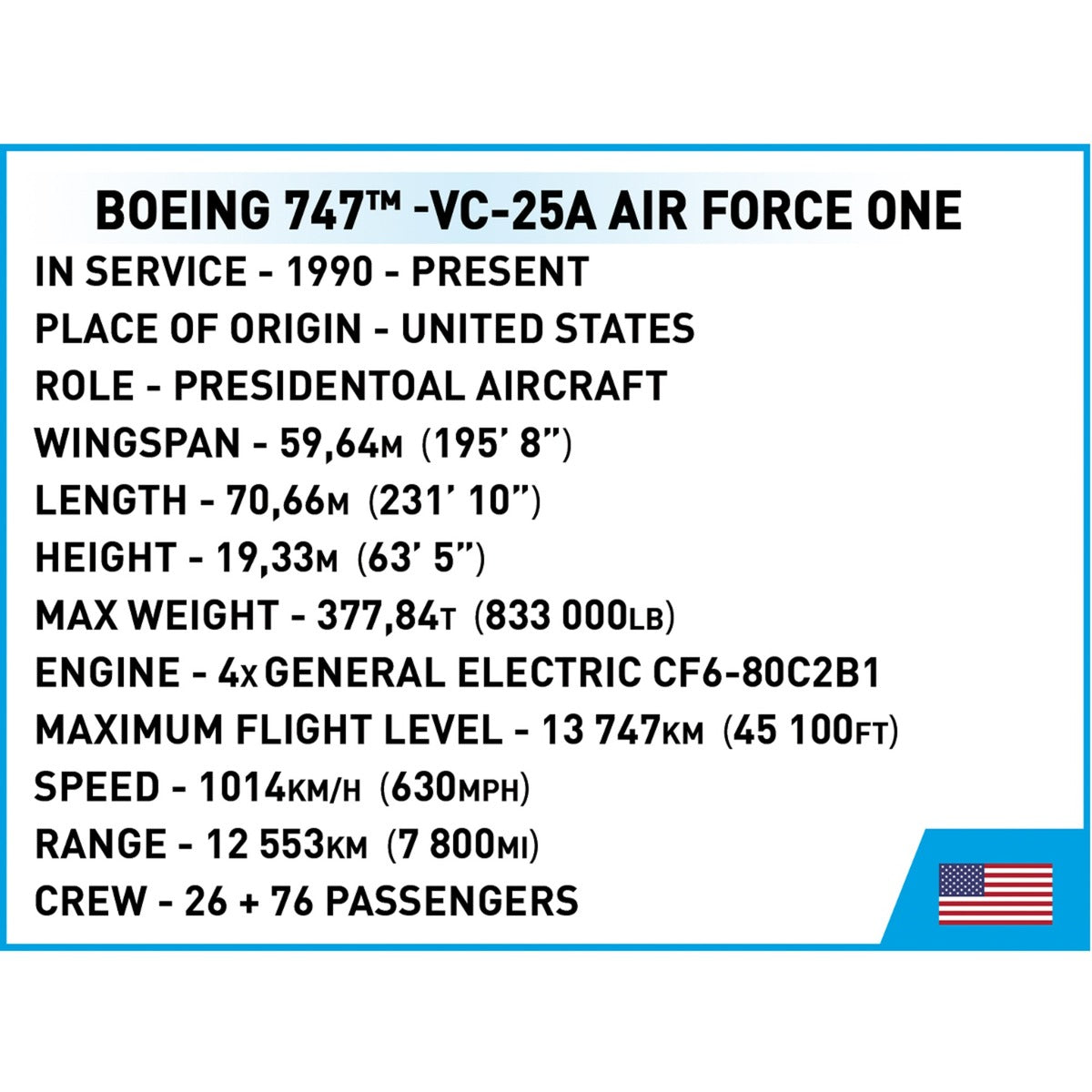 Cobi boeing 747 air force one constructiespeelgoed (schaal 1:144)