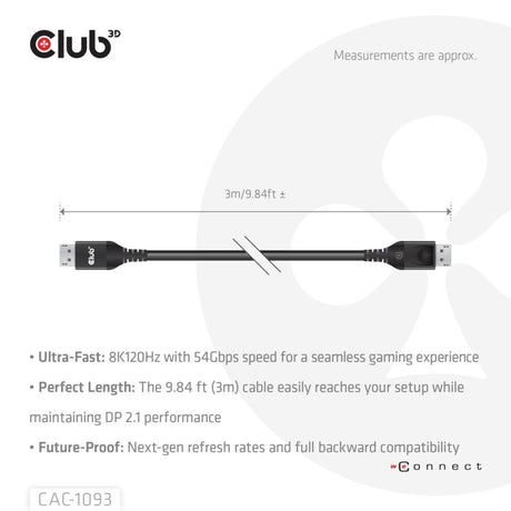Club 3d displayport 2.1 vesa dp54 gecertificeerde kabel male-male (zwart, 3 meter, 4k 240hz, 8k 120hz, 54gbps)