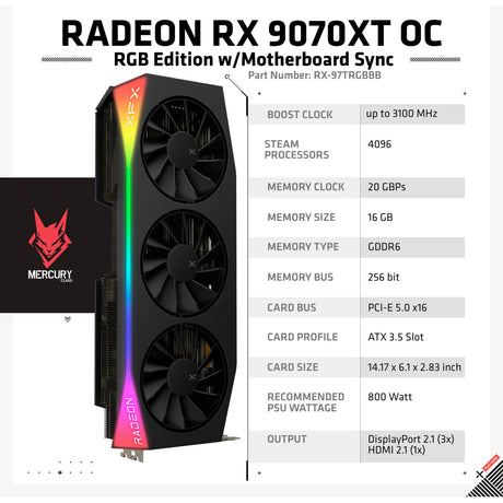Xfx radeon rx 9070 xt oc mercury rgb grafische kaart (zwart, rdna4, gddr6, 3x displayport, 1x hdmi 2.1)