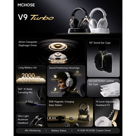 Mchose v9 turbo+ magnetic wireless over-ear gaming headset (hoogglans wit goud, nintendo switch, playstation 4, playstation 5, mobiel, pc, 2.4g bluetooth usb)