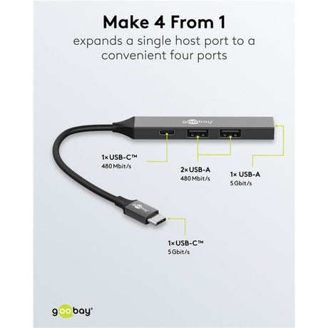 Goobay slanke usb-hub met 4 poorten, usb-c naar usb-c usb-a, 5 gbit s (lichtgrijs)