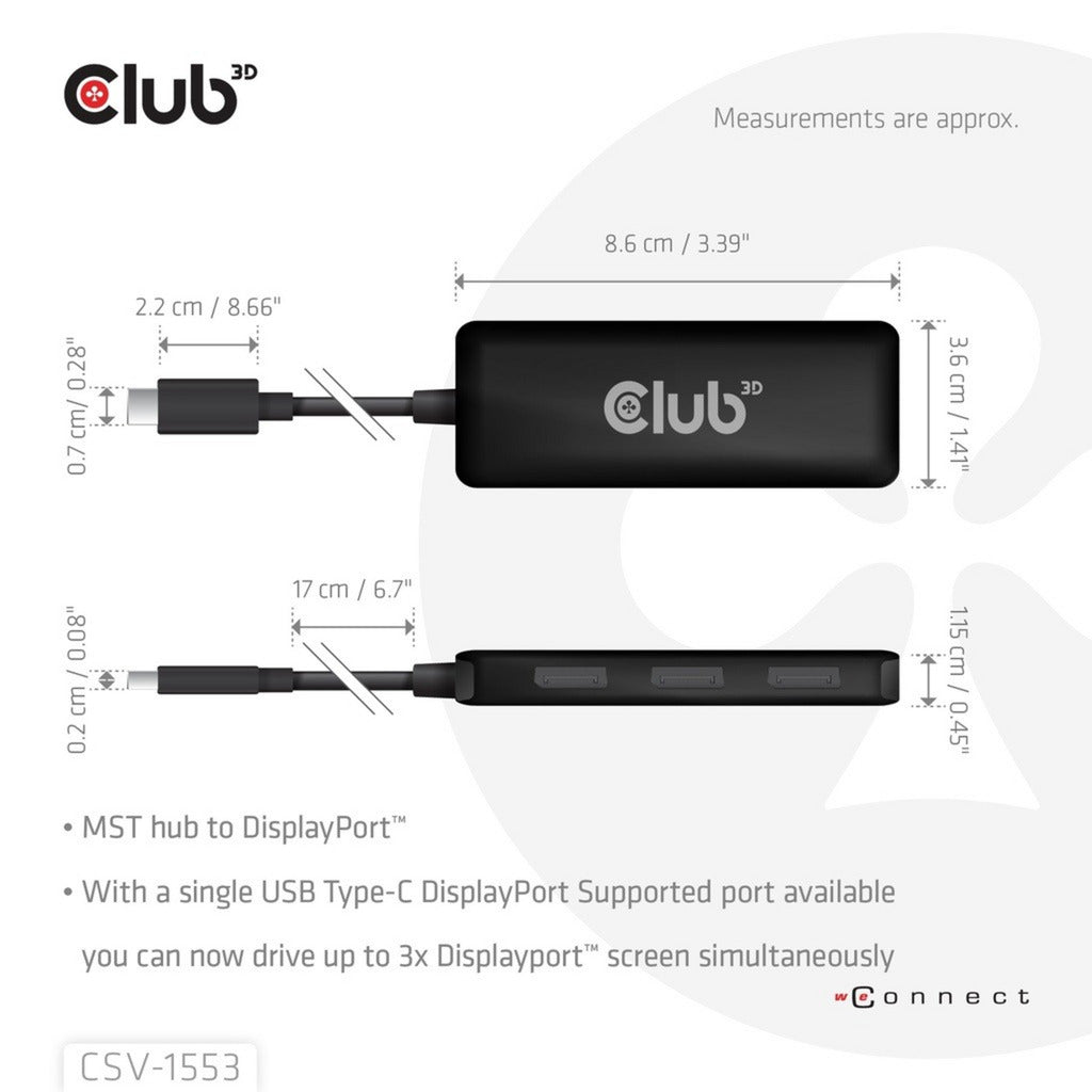 Club 3d usb-c naar triple displayport mst hub (zwart, 4k60hz)