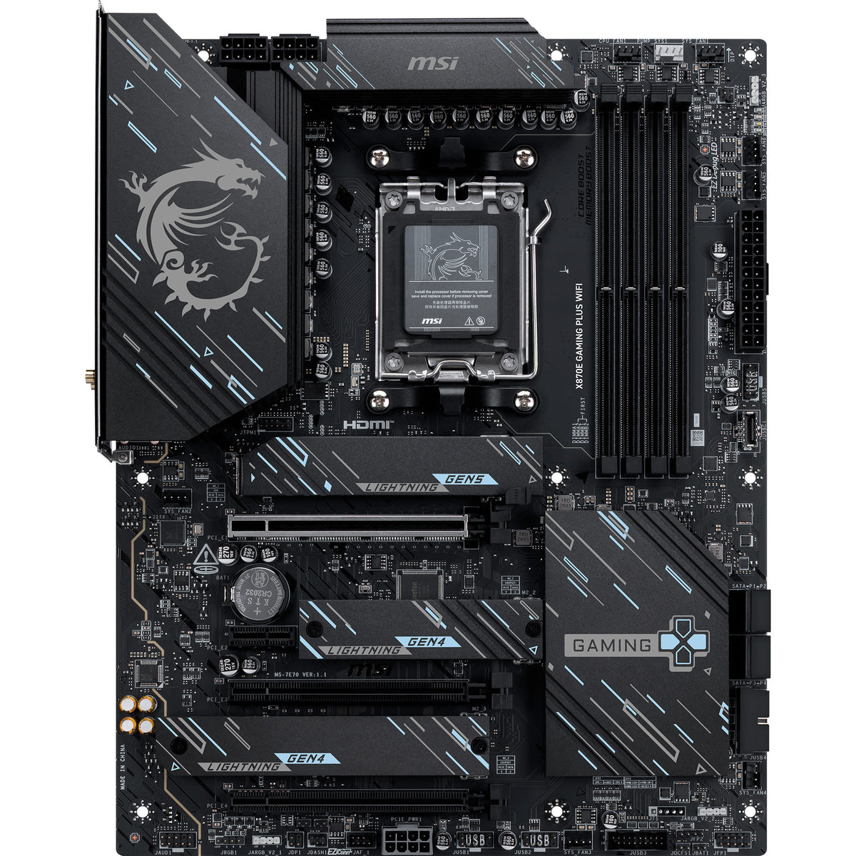 Msi x870e gaming plus wifi socket am5 moederbord (zwart, raid, 5gb-lan, wi-fi 7, bt, sound, atx)