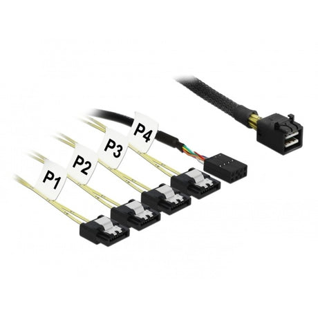 Delock mini sas hd sff-8643 > 4x sata 7 pin reverse + sideband kabel (zwart, 0,5 meter)