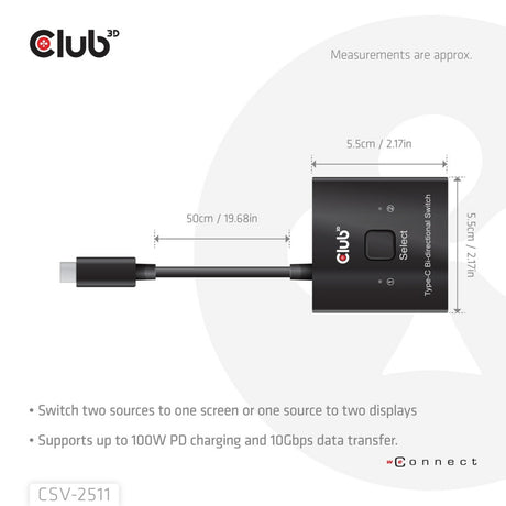 Club 3d usb-c bi-directional video + data + pd switch usb-switch (zwart)