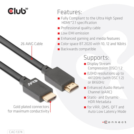 Club 3d ultra high speed hdmi 2.1 kabel (zwart, 4 meter, 8k)