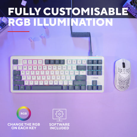 Trust gxt 872 xyra mechanisch tkl-gamingtoetsenbord (wit, us lay-out (qwerty), leobog seiya, 80% (tkl), rgb, hot swap)