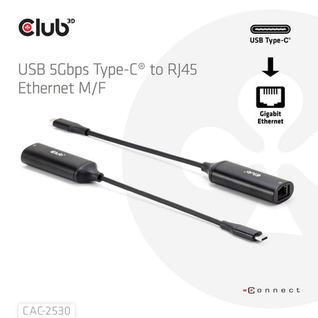 Club 3d usb-c naar rj45 5gbps ethernet m f adapter (zwart)