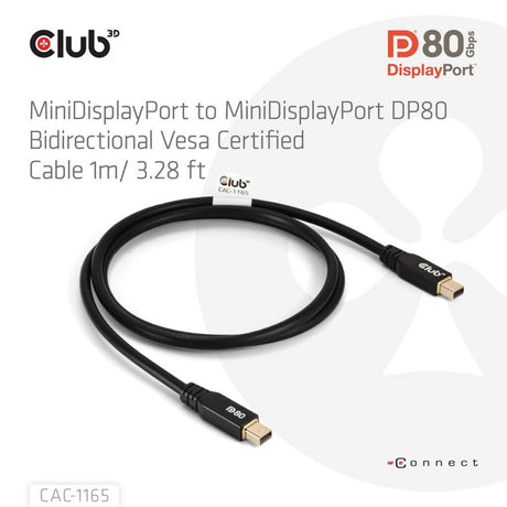 Club 3d minidisplayport naar minidisplayport dp80 bidirectioneel kabel (zwart, 1 meter, vesa-gecertificeerd)