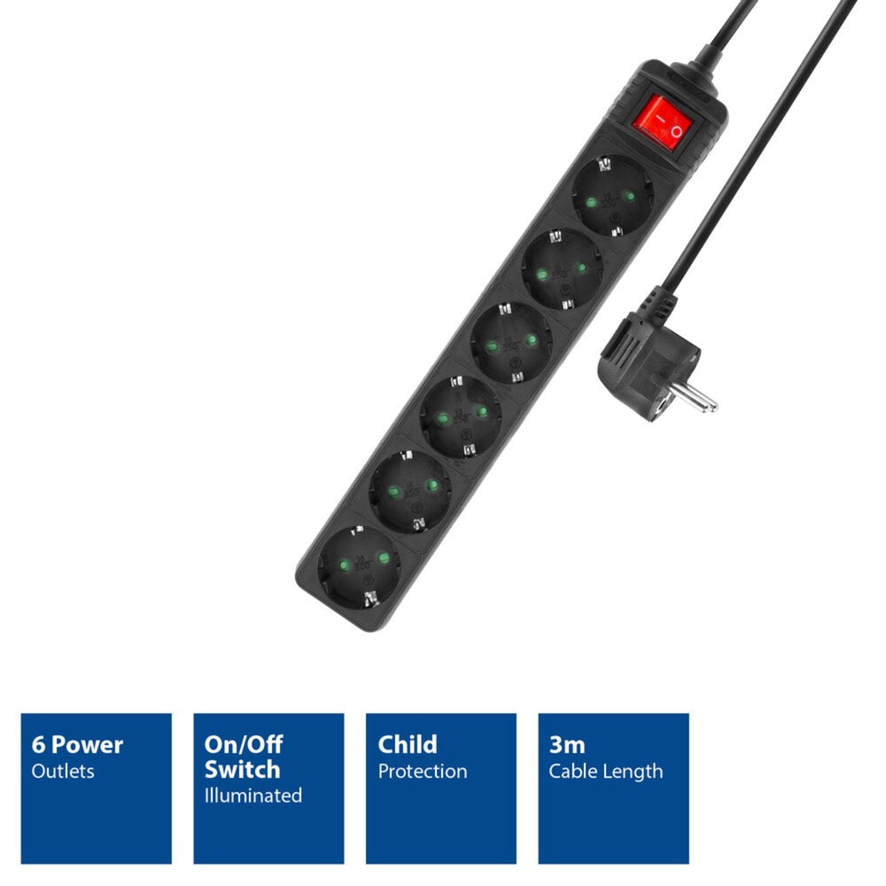 Act connectivity act stekkerdoos met lichtgevende schakelaar, 6 sockets, 3 m, zwart ac2465