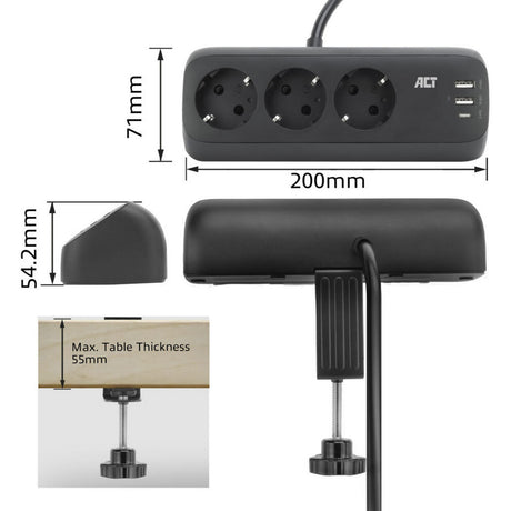Act connectivity act stekkerdoos met 3 type-f stopcontacten, 30w power delivery, usb type-c a poorten, kabellengte 1,5 meter ac2480
