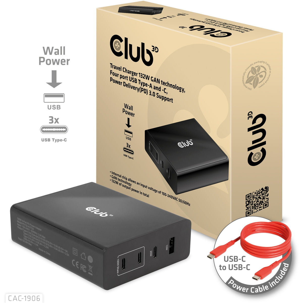 Club 3d travel charger 132w gan technology, four port usb type-a and -c (zwart, 3x usb-c, 1x usb-a, power delivery(pd) 3.0)