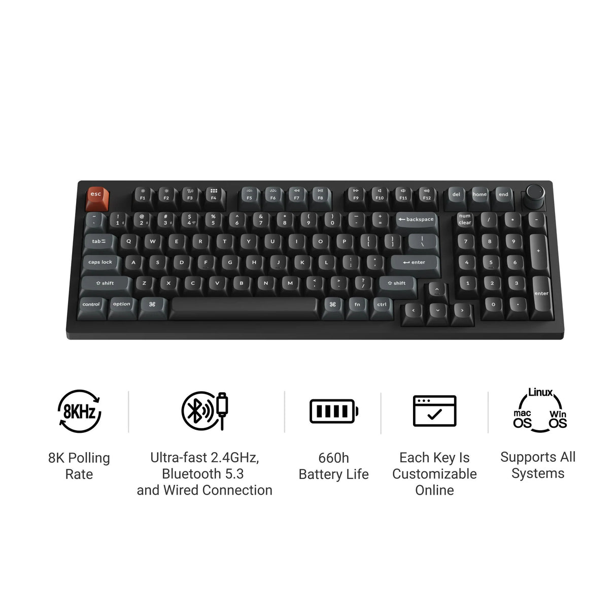 Keychron v5 ultra 8k wireless custom mechanical keyboard (zwart, us lay-out (qwerty), silk pom red, 96%, rgb, hot swap, 2.4 ghz | bluetooth 5.3 | usb-c)