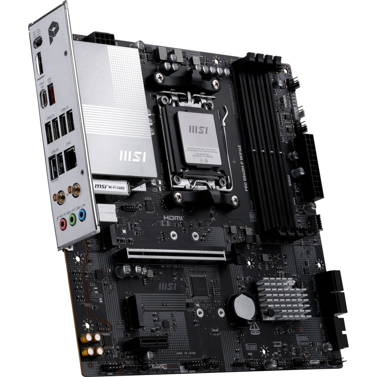 Msi pro b840m-p wifi6e socket am5 moederbord (zwart zilver, raid, 2.5 gb-lan, wi-fi 6e, bt, sound, µatx)