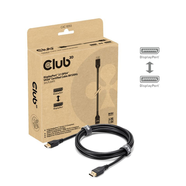 Club 3d gecertificeerde displayport 2.1 kabel (zwart, 3 meter, 8k)