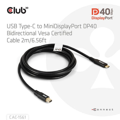 Club 3d usb-c naar minidisplayport dp40 bidirectioneel adapter (zwart, 2 meter, vesa-gecertificeerd)