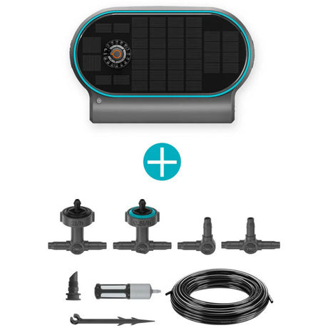 Gardena aquabloom set l voor bewatering op zonne-energie besproeiingscomputer (grijs turquoise, automatisch besproeiingssysteem, accu inbegrepen)