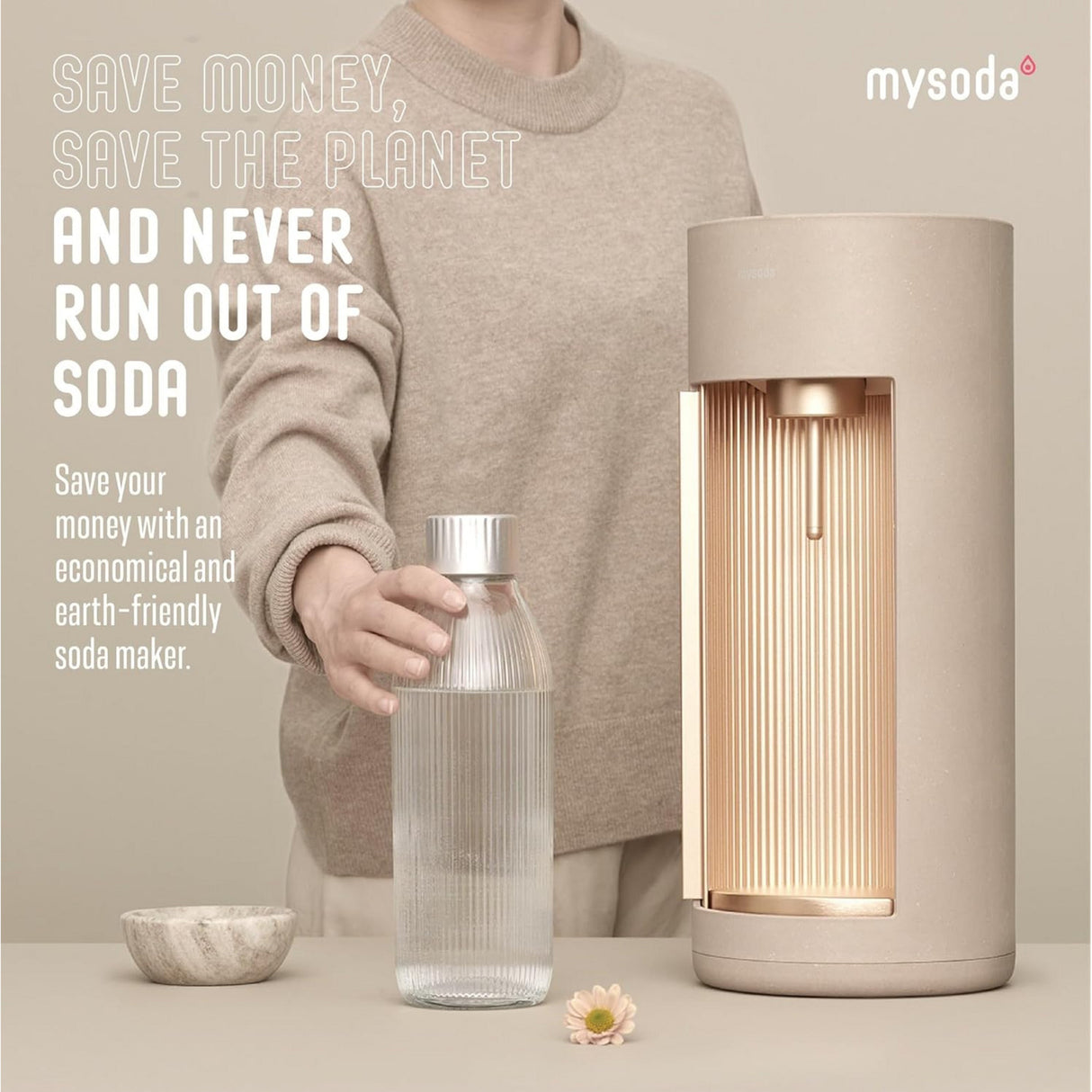 Mysoda glassy latte bruiswatertoestel (beige, excl. co2-gascilinder - met glazen fles)
