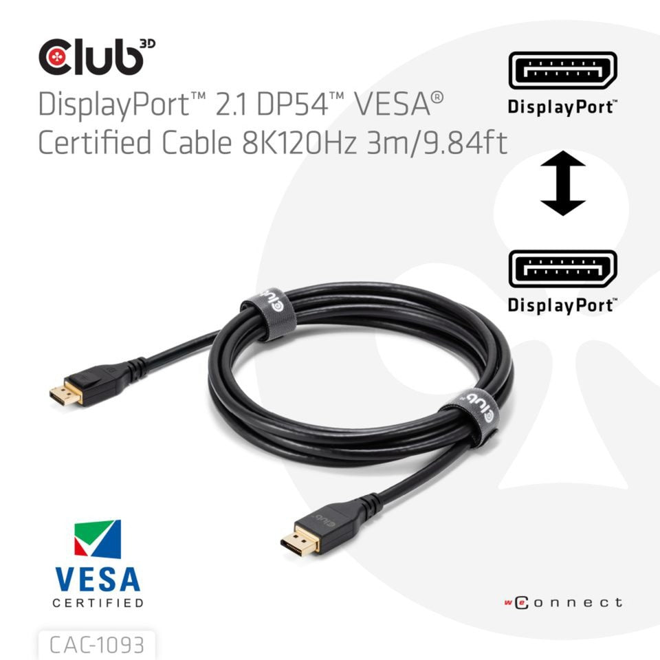 Club 3d gecertificeerde displayport 2.1 kabel (zwart, 3 meter, 8k)