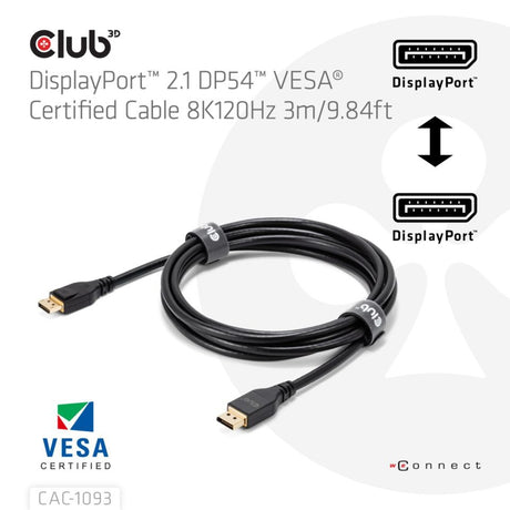 Club 3d gecertificeerde displayport 2.1 kabel (zwart, 3 meter, 8k)