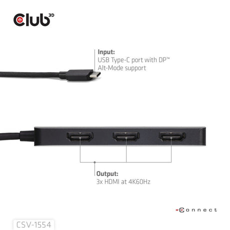 Club 3d usb-c naar 3x hdmi hub (zwart)