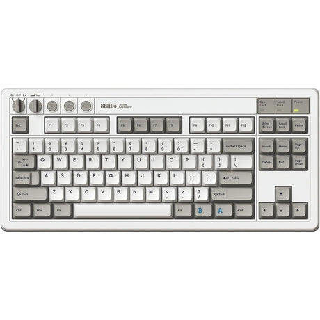 8bitdo retro mechanical keyboard m edition (grijs, us lay-out (qwerty), kailh box white, 80% (tkl), bluetooth low energy, wireless 2.4g, usb)