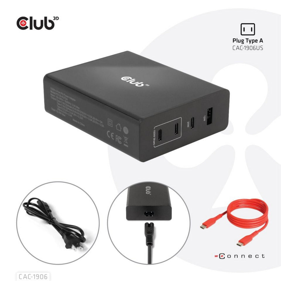 Club 3d travel charger 132w gan technology (zwart, usb-a, usb-c, power delivery (pd) 3.0)