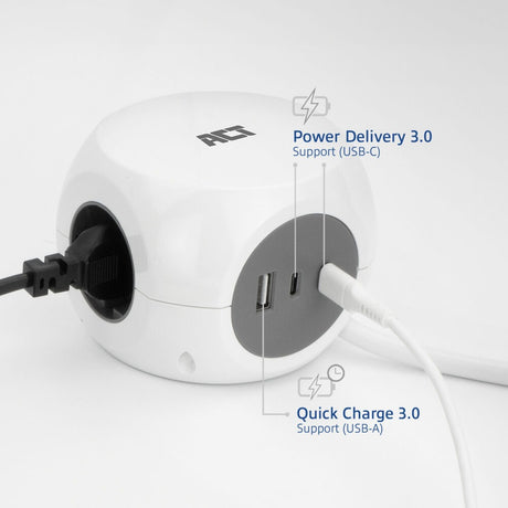 Act connectivity act stekkerdoos kubus met 3 stopcontacten, 30w power delivery usb-c a poorten, kabellengte 1,5m ac2420