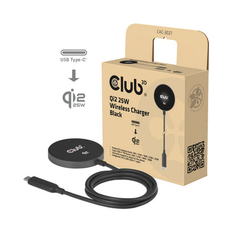Club 3d cac-3027 qi2 25w draadloze oplader (zwart, qi-gecertificeerd, magsafe-compatibel, magnetisch pad)