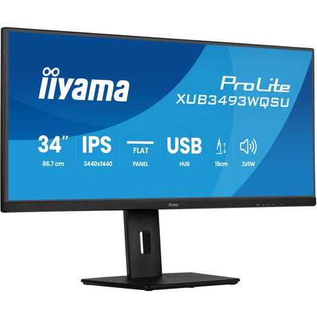 Iiyama prolite xub3493wqsu-b6 34 ultrawide monitor (zwart (mat), 1x displayport, 2x hdmi, 2x usb-c, 2x usb-a, 120 hz)