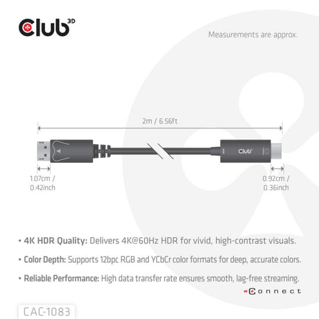 Club 3d displayport 1.4 to hdmi 4k60hz kabel adapter (zwart, hdr m m 2m)